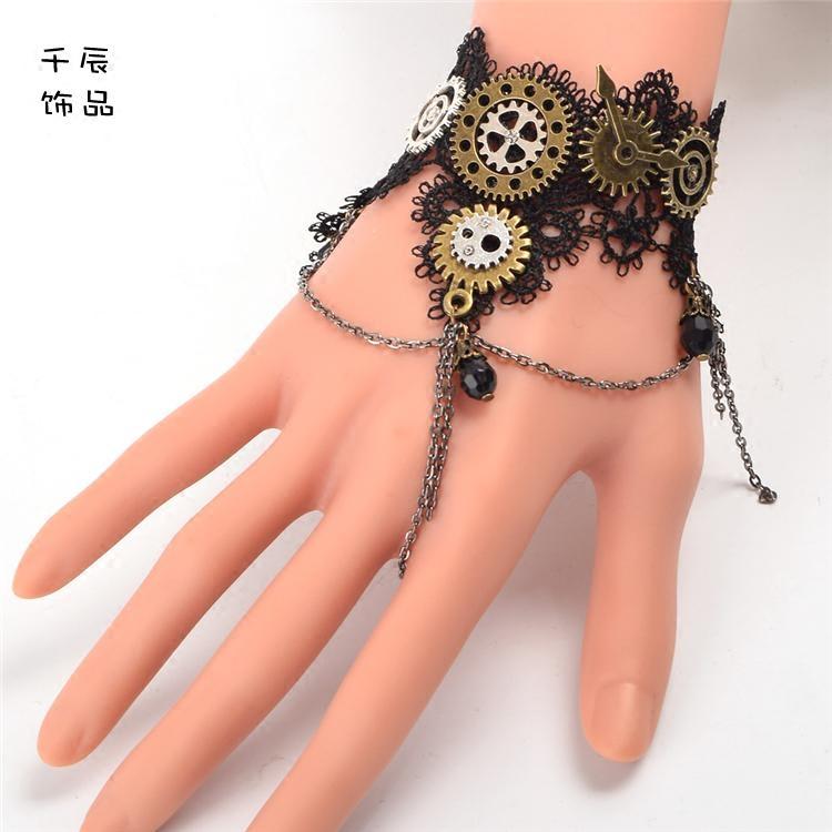 スチームパンク アクセサリー 雑貨 ファッション レトロ ゴシック ロリータ タッセル ギア ブラック レース ブレスレット