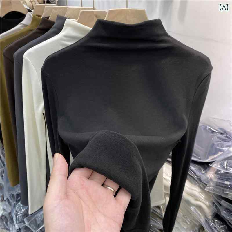 レディース カジュアル トップス 秋冬 ドイツ製 ベルベット ハーフ タートルネック ボトム シャツ ウエスタン インナーウェア タイトフィット ミッド カラー 白い T 起毛