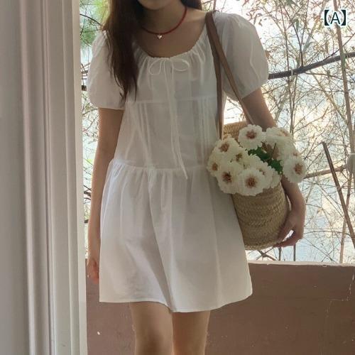 レディース 夏 ワンピース かわいい サマー ワンピ 韓国 シック ソリッドカラー レースアップ ラウンドネック シングルブレスト プリーツ パフスリーブドレス ショート スカート