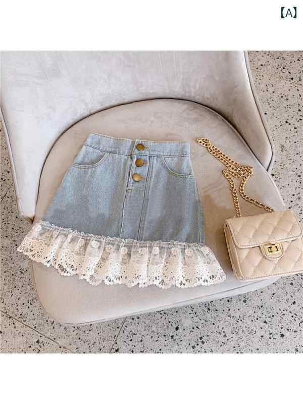 スカート デニムスカート キッズ カジュアル 子供服 夏 スタイル 中 大 子供 ゆったり ショート 女の子 レース スプライシング