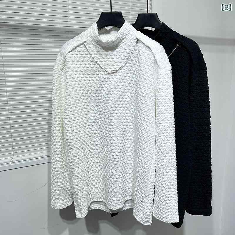 メンズ ファッション 冬 ダーク プリーツ ハイネック トレーナー 韓国 シンプル トップス