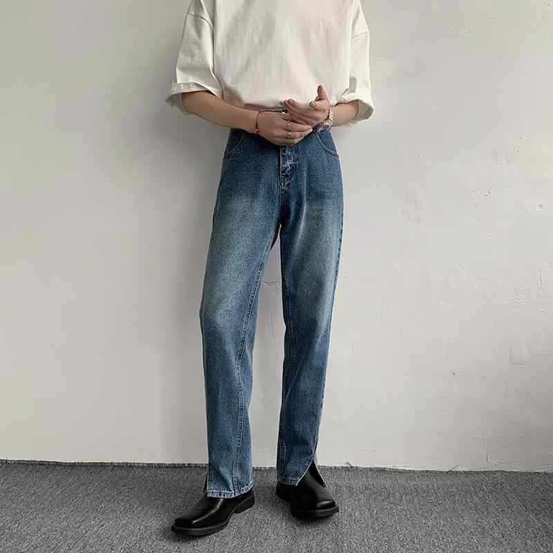 メンズ パンツ 韓国 レトロ スリット ジーンズ 韓国 カジュアル スリット ストレートパンツ デニム ミディアムローウエスト