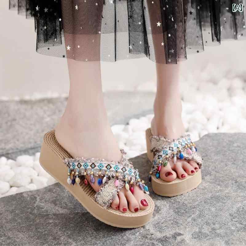 レディース ファッション 靴 シューズ オールシーズン エスニック サンダル ミディアム ヒール 厚 PU スリッパ