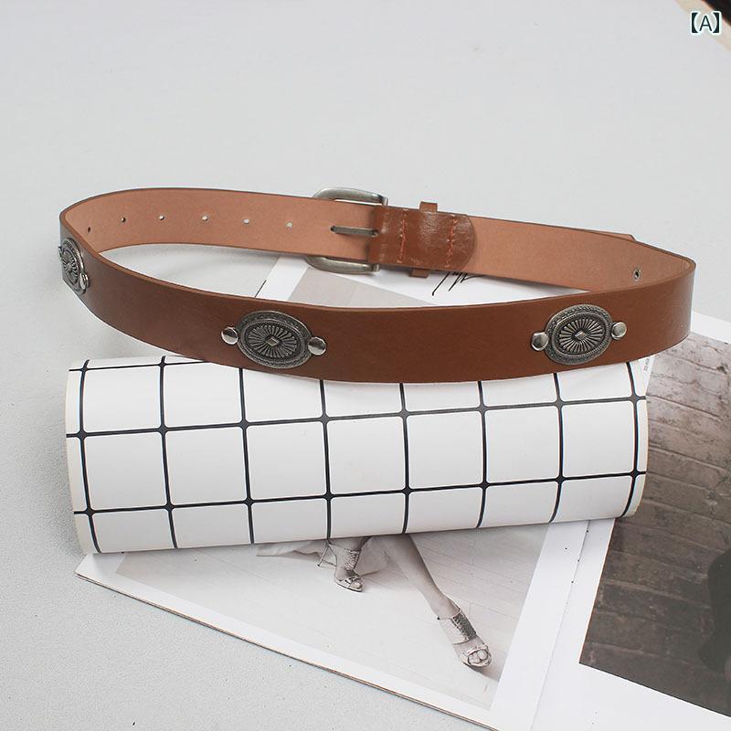 ベルト おしゃれ レトロ D型 ジェム バックル 装飾 カジュアル ファッション PU レディース キャラメル ブラック