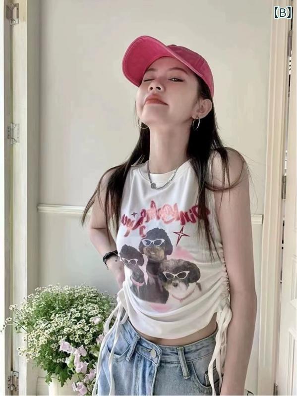 レディース 夏 ショートタンクトップ レースアップ 韓国 レトロ プリント へそ出し ノースリーブ クロップド レイヤード ルーシュ 着回し かわいい おしゃれ レジャー アウトドア 日常着