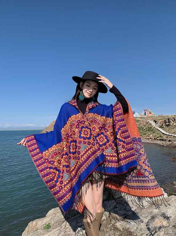 コート レディース 夏 ショール おしゃれ 旅行 ウェア フード 大型 ショール 青海 湖 旅行 ウイグル 写真撮影 エスニック マント