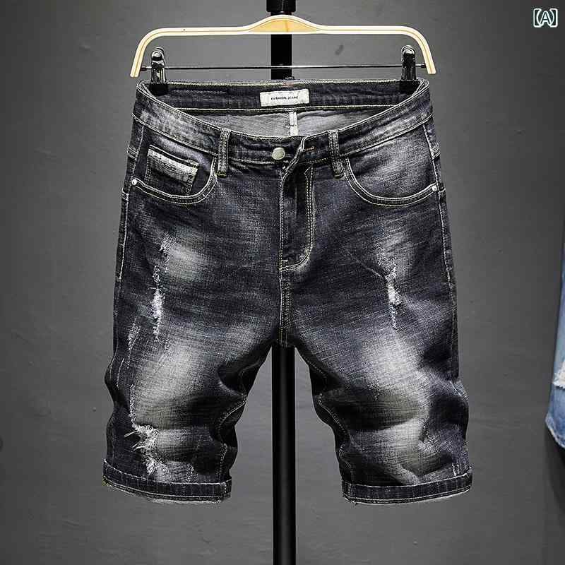 メンズ 夏 カジュアル パンツ デニム ハーフ サマー 半ズボン 用 薄手 リップドブ ラック コットン ストレッチデニム ベガー ショート 五分丈 ミッド(4.0)