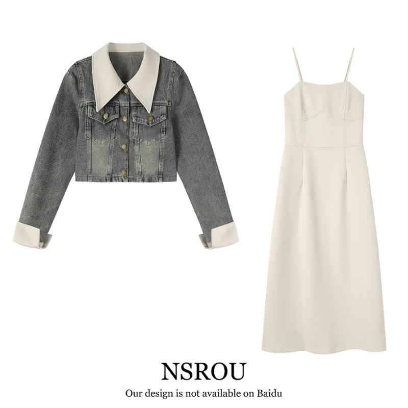 スカート トップス デニム ミニスカート レディース フレンチ 社交 ショート デニムジャケット サスペンダー ツーピース セット 女性 ガーリー 春秋 長袖
