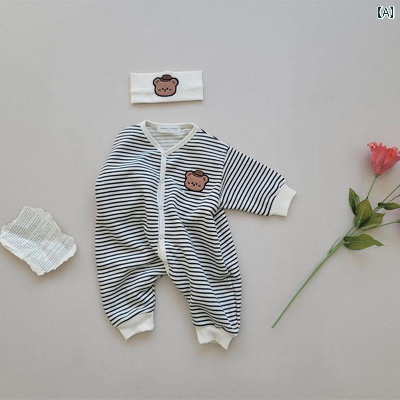 Coverall - ベビーウェア かわいい 幼児 韓国 春秋 ストライプ 長袖 ハイ 服 ベビー 春 ソフト ワンピース