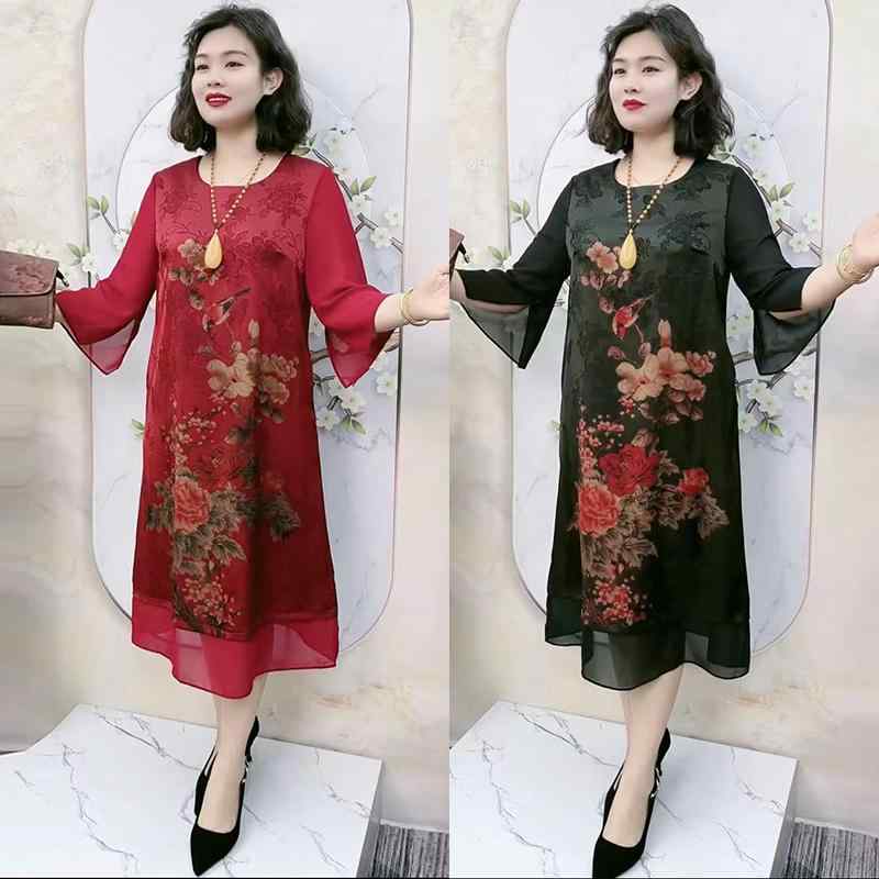 マザー ドレス 上品 レディース 婦人服 夏 ドレス 大きめサイズ ゆったり 体型 カバー 膝丈 丈 スカート ラウンドネック 七分袖 ファッション