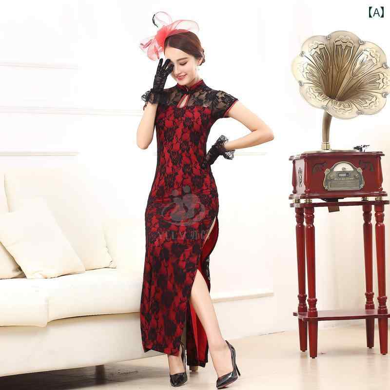 旗袍 - レディース チャイナ ドレス エレガント ワンピース 撮影 衣装 普段使い 日常着 民族風 スリム ナイトクラブ パーティー パフォーマンス コスチューム 魅惑的 レース ロング