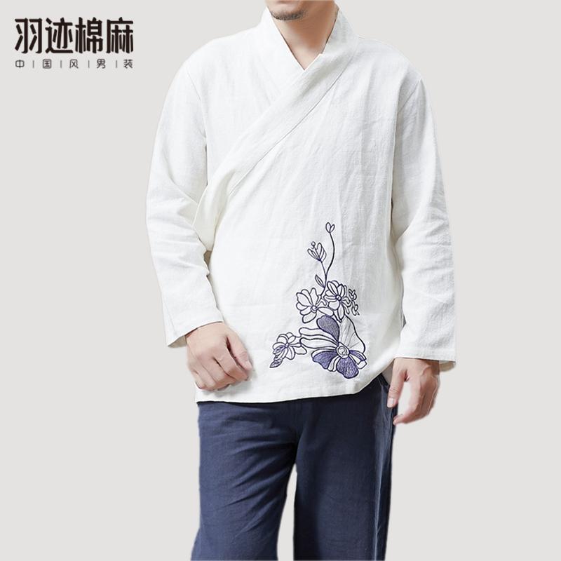 メンズ 秋 カジュアル 長袖 中華風 リネン 刺繍 漢服 レトロ トップス カンフー 太極拳 スーツ レトロ 瞑想 スーツ