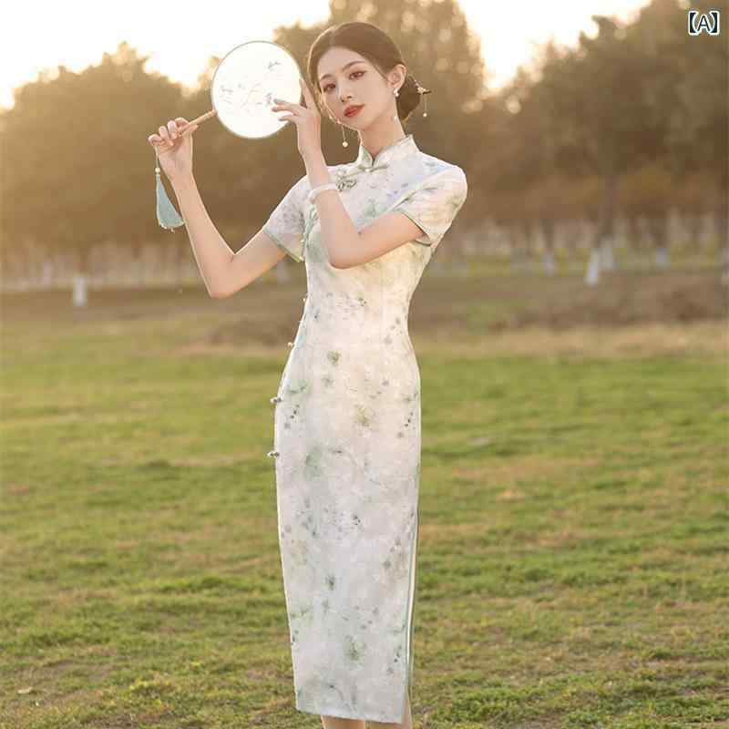 レディース 夏 チャイナ ドレス かわいい ワンピース 緑 女性 少女 普段使い 日常着 小さい フレッシュ