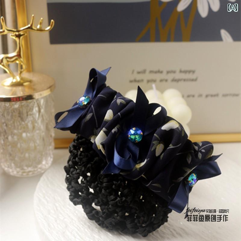 アクセサリー ヘア かわいい 髪飾り シフォン リボンフラワー ネット バッグ 従業員 仕事 クリップ ナース ホテル スチュワーデス スプリング