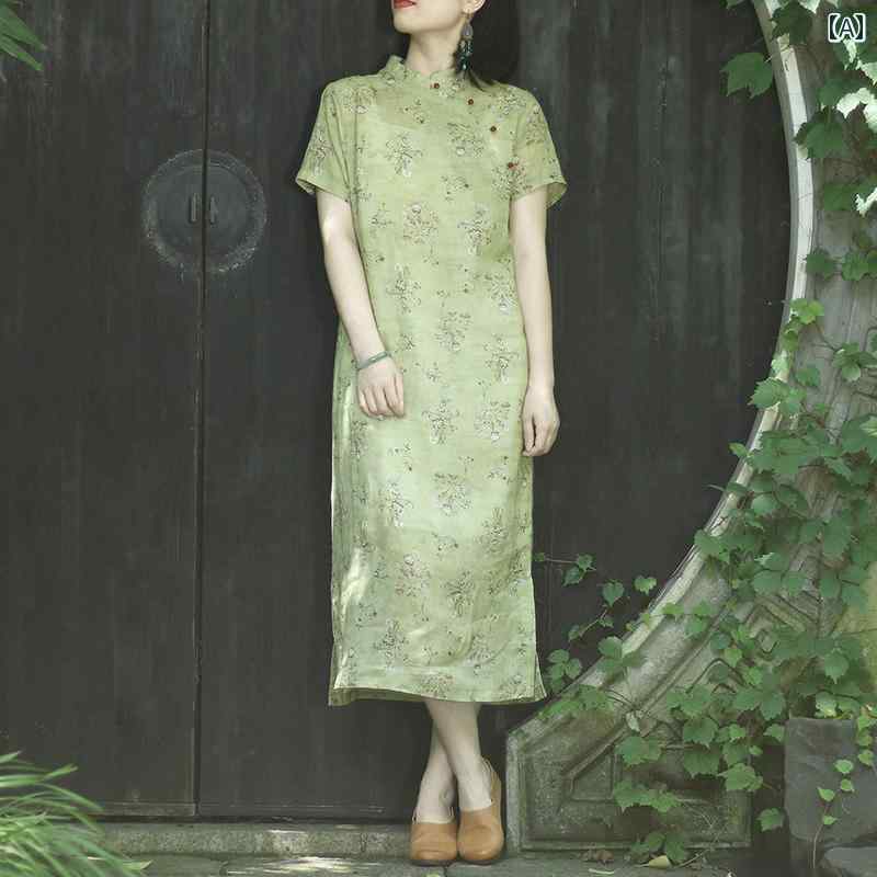 レディース 夏 チャイナ ドレス ゆったり 大きいサイズ マザー 普段使い 体型カバー ワンピース レトロ 文学 ラミー ハイエンド 女性 ぽっちゃり ロング 肌 カバー 綿 リネン スカート
