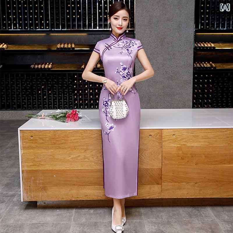 夏 チャイナ ドレス エレガント 美しい 撮影衣装 中華風 紫 スリムフィット ハイエンド キャットウォーク パフォーマンス ロング スカート