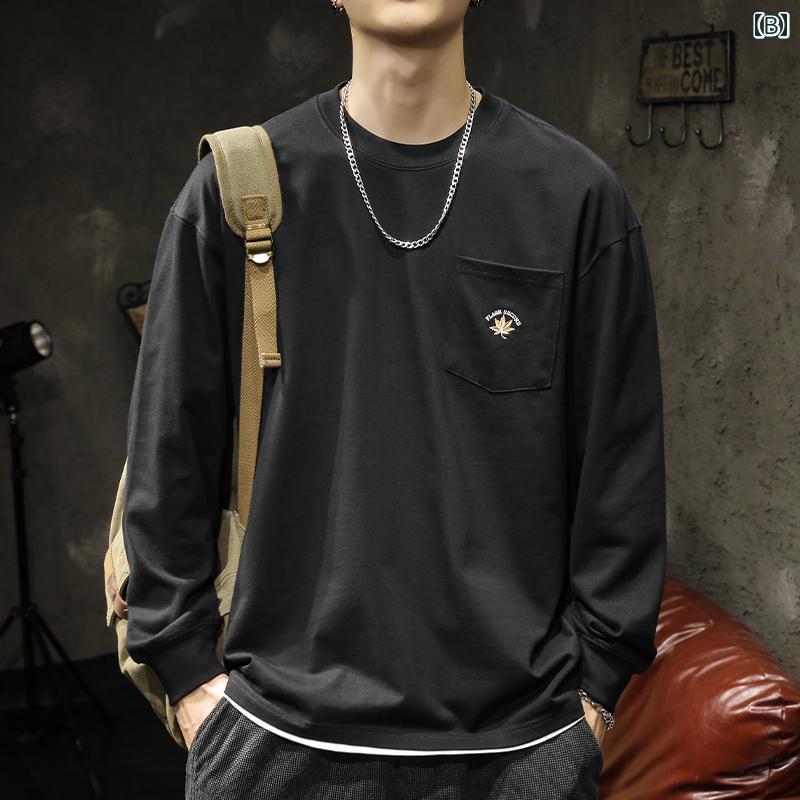 メンズ 長袖 シャツ トップス 秋冬 トレーナー スウェット アメリカン ラウンドネック ポケット刺繡装飾 カジュアル スポーツ レジャー キャンパス 通学