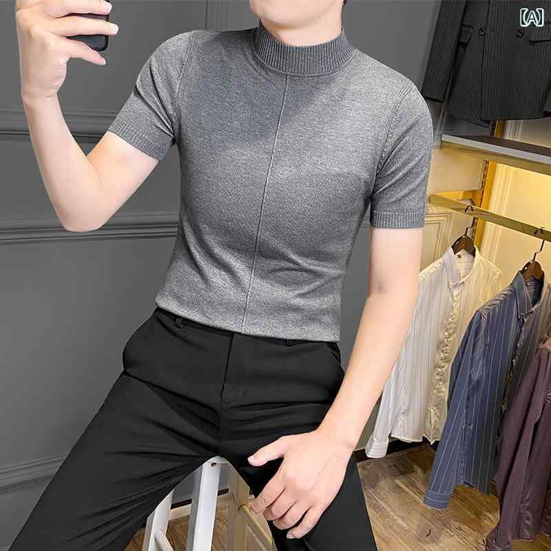 Rakuten - トップス シャツ メンズ ハーフ タートルネックセーター 冬 半袖 Tシャツ ネット ハーフスリーブ ミッド カラー スリム ニット レイヤリング