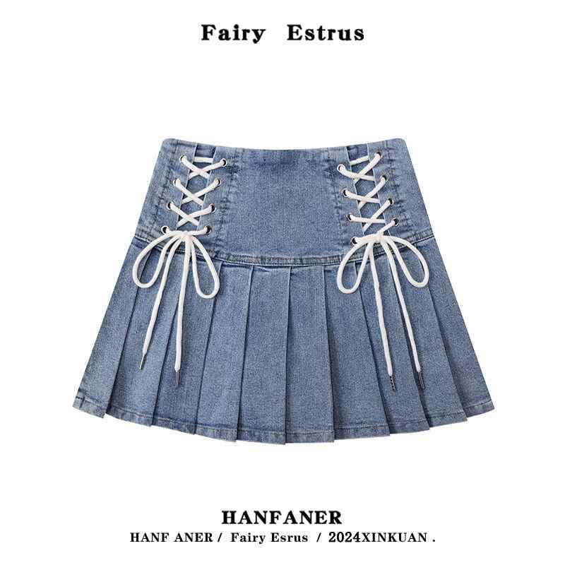スカート レディース ファッション ボトムス 魅力的 ストラップ デニムスカート 女性 夏 小さい ハイウエスト スリム a ライン プリーツスカート