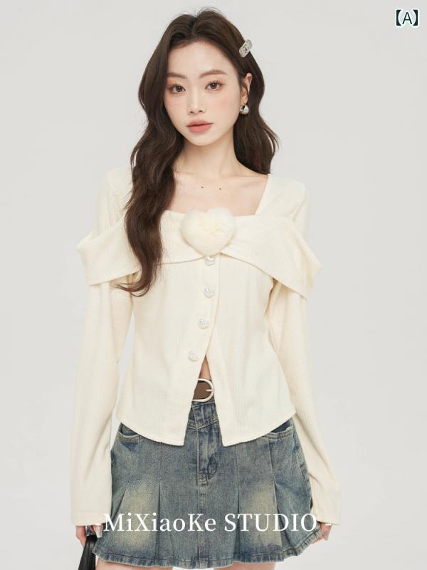 Square Neck - セーター 秋冬 レディース ラブリー 女の子 甘々 トップス 長袖 レイヤード ワントーン ふわふわ ファー ハート スクエアネック シャツ 春 ガーリー プリティー ハート型 ボタン