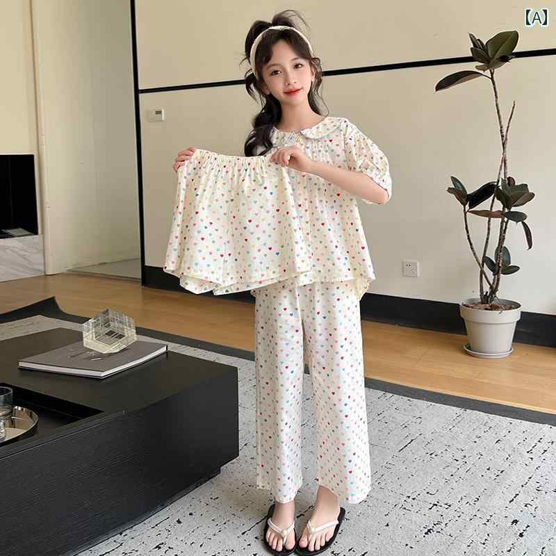 キッズ パジャマ ルームウェア 女の子 3 点 セット 夏 綿 薄手 半袖 クロップドパンツ 子供 小さい 女の子 ホーム 服