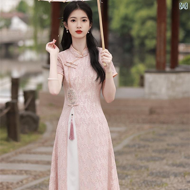 ドレス アオザイ コスプレ 民族衣装 レディース レース チャイナ 夏 上品 洗練 ガールズ デイリー ウエスト 刺繍 ティー