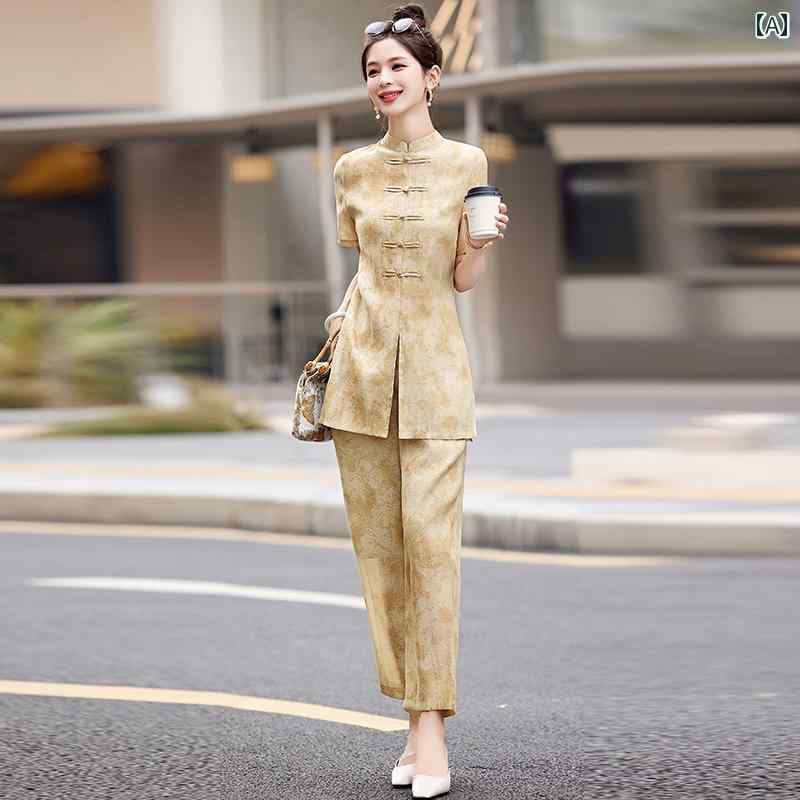 レディース レディース 婦人服 トップス パンツ セットアップ 上下セット セットアップ チャイナ風 レトロ 夏