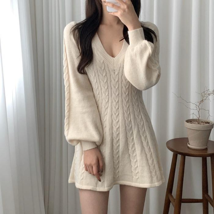 V-Neck - ドレス 秋 冬 長袖 ニット 韓国 シック ランタン ウエスト Vネック 小さい 女性 セーター ショート