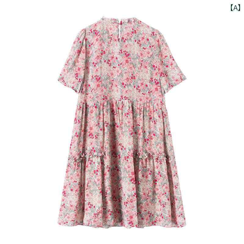 レディース 夏 サマー ワンピース きれいめ 上品 婦人服 マザーズ レトロ ピンク ハイエンド 花柄 ドレス イヤリング カラー 半袖 a ライン スカート