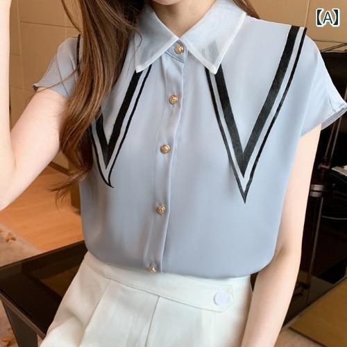 Other - シャツ トップス シャツ ブラウス レディース おしゃれ 夏 薄手 ゴールド ボタン フレッシュ 半袖 スリム シフォンシャツ 爽か 小さい