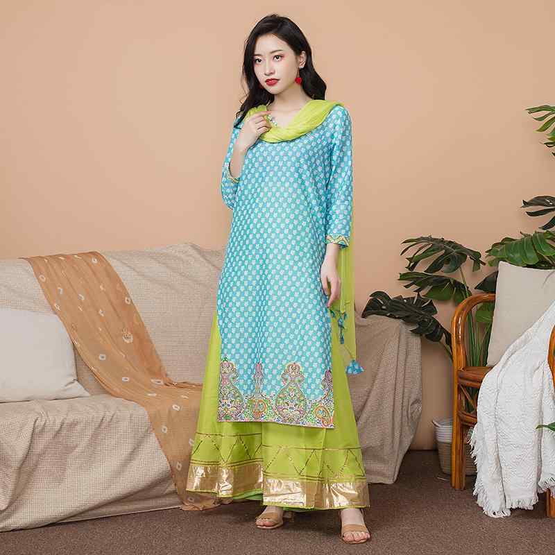 レディース 夏 民族衣装 ファッション インド 女性 エスニック スーツ トップス スカート スカーフ 綿 ..