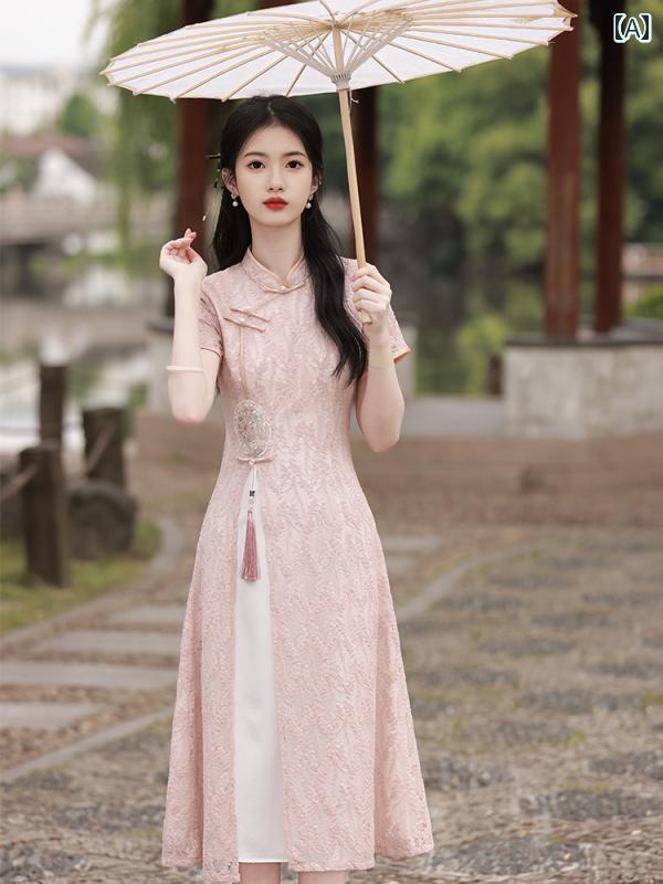 ドレス アオザイ コスプレ 民族衣装 レディース ロング ピンク レース チャイナ 少女 ハイエンド 春夏 中華風 ティー