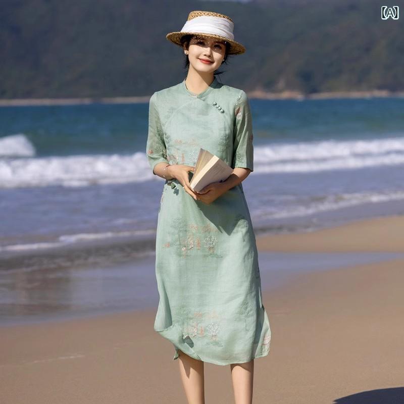 レディース 夏 チャイニーズ スタイル ワンピース おしゃれ 上品 婦人服 中華風 瞑想 刺繍 ラミー ドレス グリーン チャイナ 日常