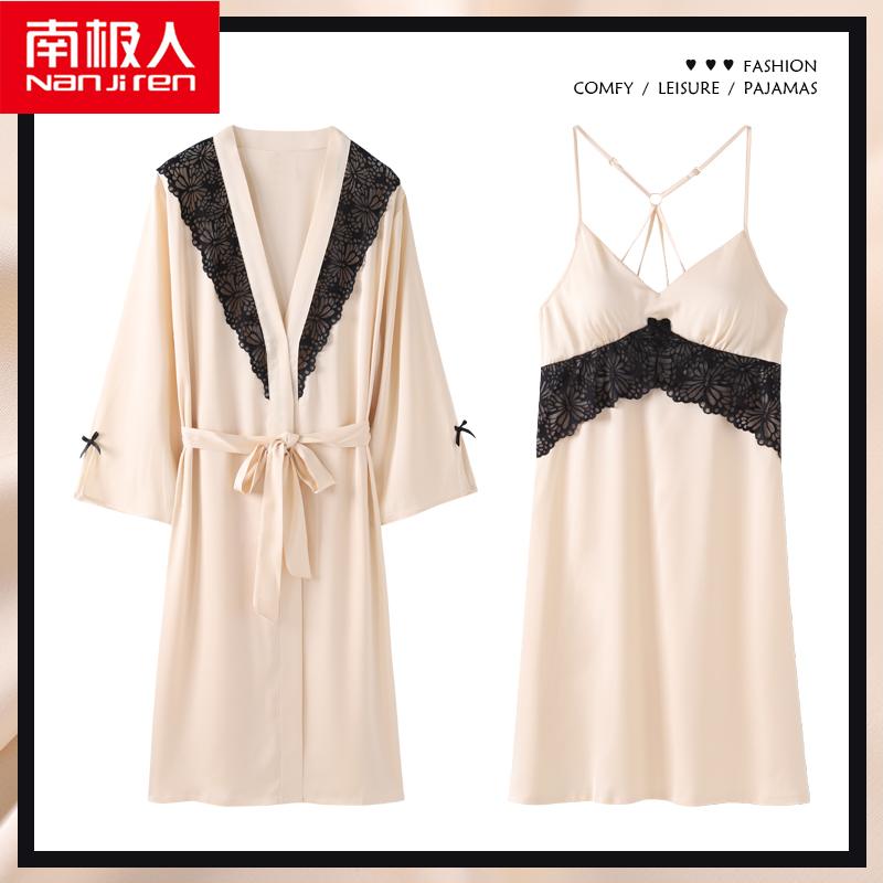 秋 春 夏 パジャマ ナイトウェア ルームウェア 胸 パッド サスペンダー 寝間着 女性 優雅 ネグリジェ ツーピース スーツ(4.0)