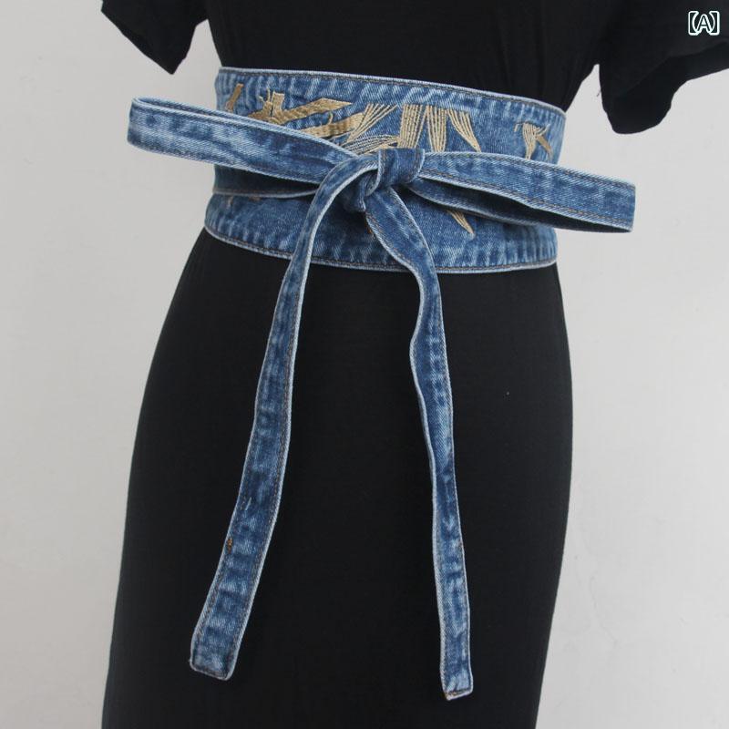 ベルト 竹 刺繍 デニム レースアップ ガードル デニム ブルー シングル ループ レディース ファッション アクセサリー オールシーズン ベルト