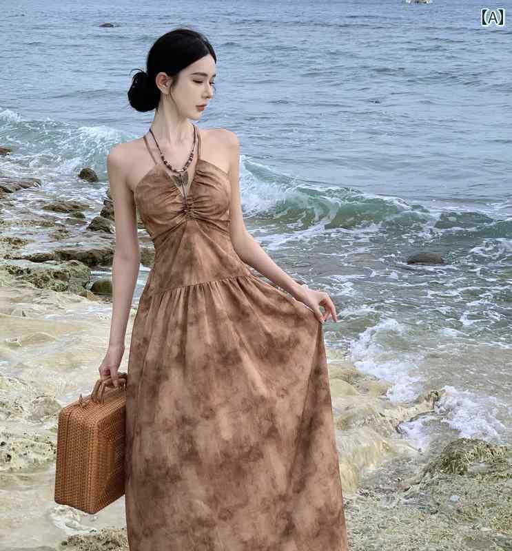 レディース 夏 リゾート ワンピース ドレス 写真撮影 衣装 中華風 レトロ 絞り染め プリント v ネック ホルター 女性 魅惑的 ウエスト レス バック ホリデー ロング スカート