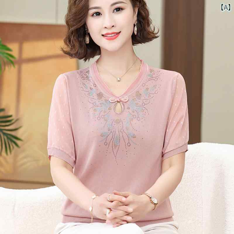 ママ ニット セーター 夏 半袖 Tシャツ スーツ レディース ゆったり 薄手 トップス Vネック