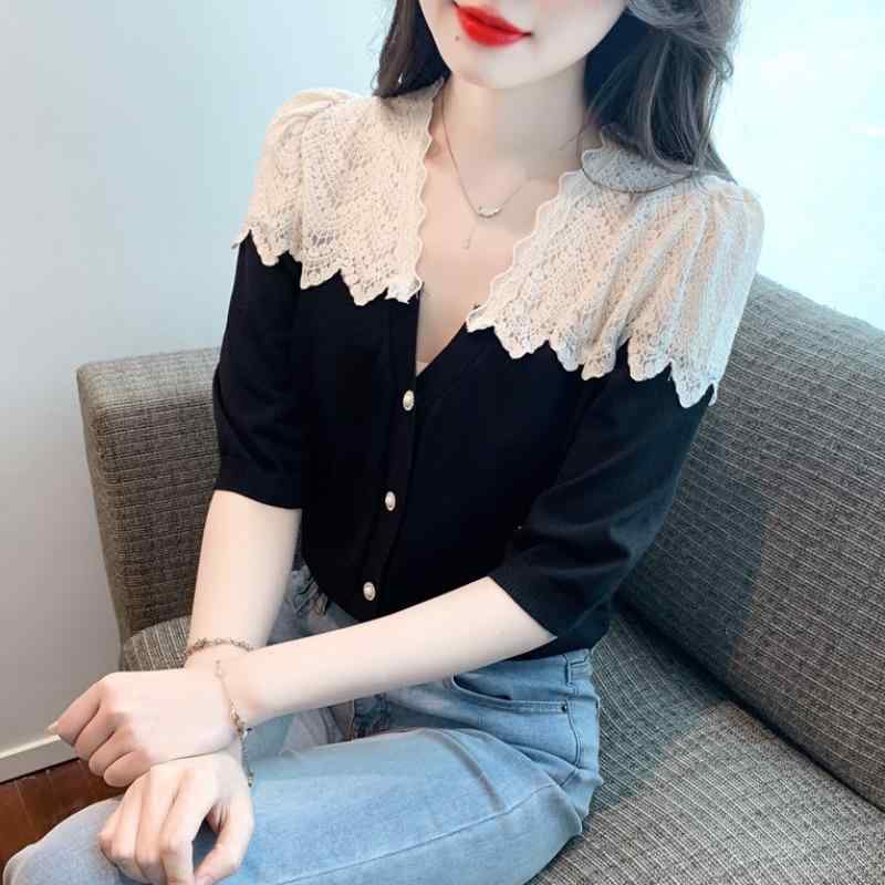 シャツ トップス レディース 夏 きれいめ 爽か フレンチ Vネック レース 半袖 女性 パフスリーブ シック Tシャツ ハイエンド ウエスタン