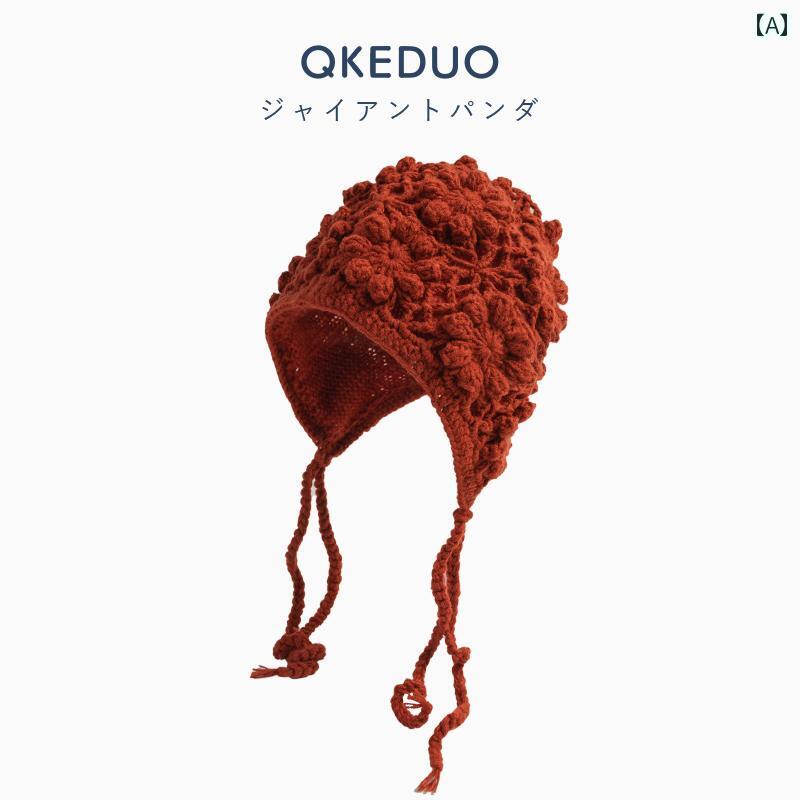 帽子 防寒 おしゃれ 森 花 描かれた 赤い お祝い ベビー ニット 帽子 女児 赤ちゃん用 秋冬 暖かい 耳..