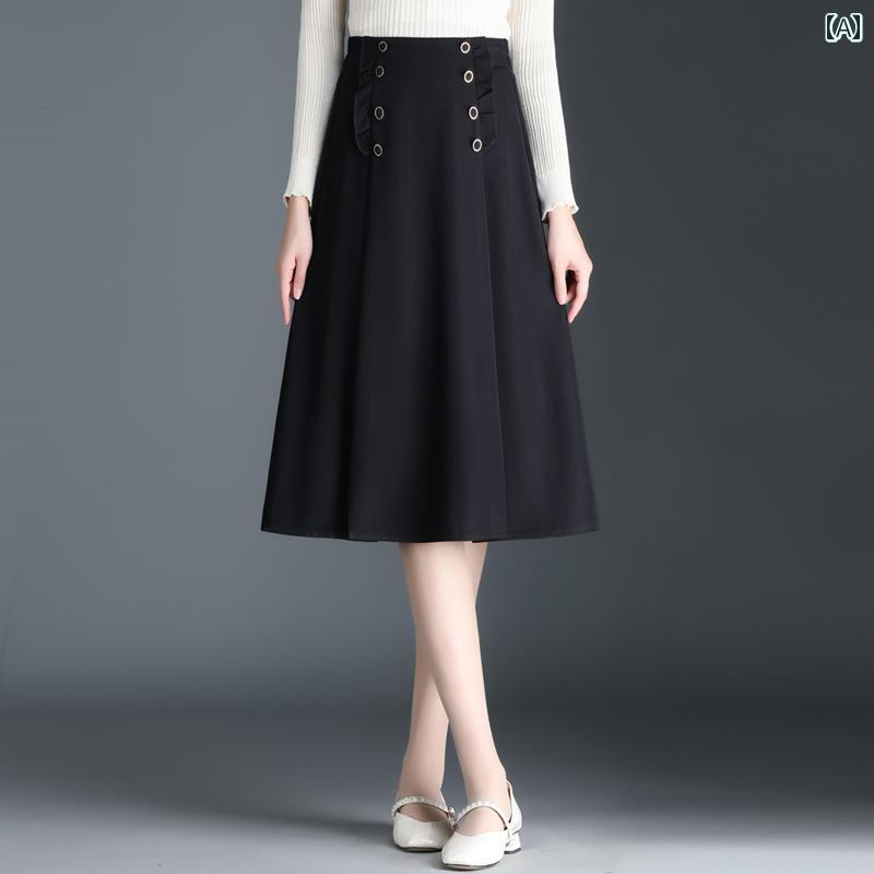 スカート ハイウエスト スリム見え レディース 通勤 オフィス カジュアル ドレープ ダブルブレスト Aライン 秋 丈 プリーツ
