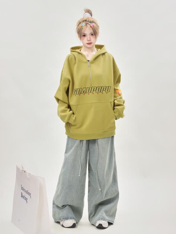 パーカー アメリカン アボカドグリーン ハーフ ジップ 刺繍 フード スウェットシャツ レディース 秋冬 ..