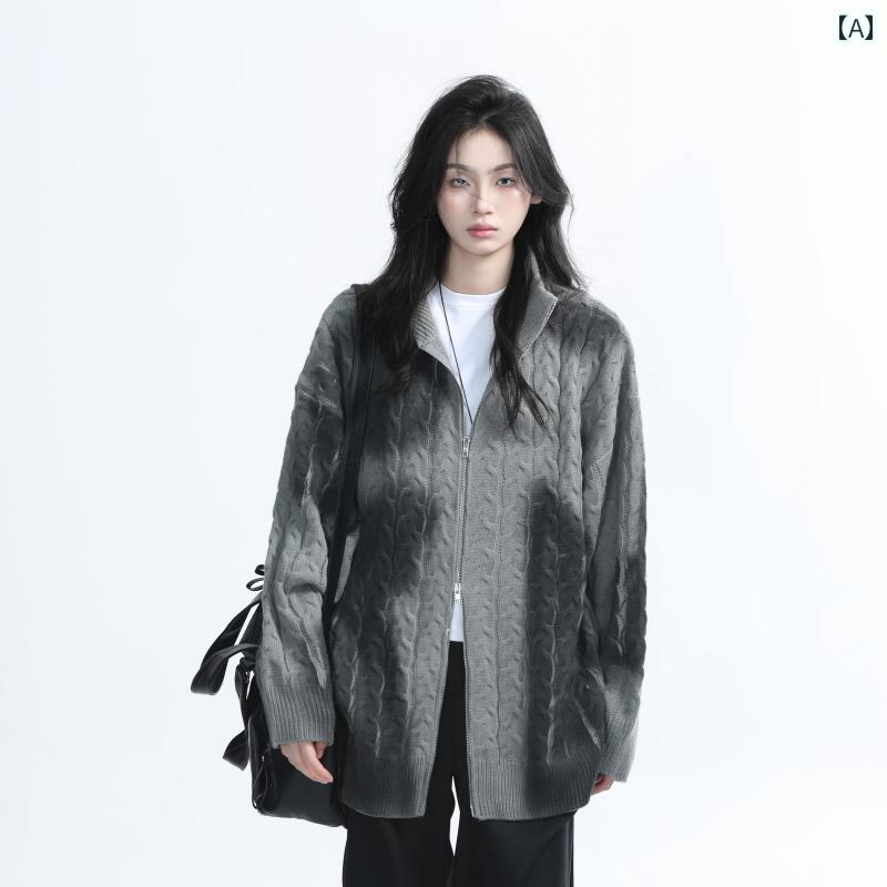 セーター 大きめサイズ レディース 女の子 おしゃれ アメリカン レトロ レンダリング リブ編み ニット カーディガン オーバーサイズ ジャケット レディース 秋冬 セーター