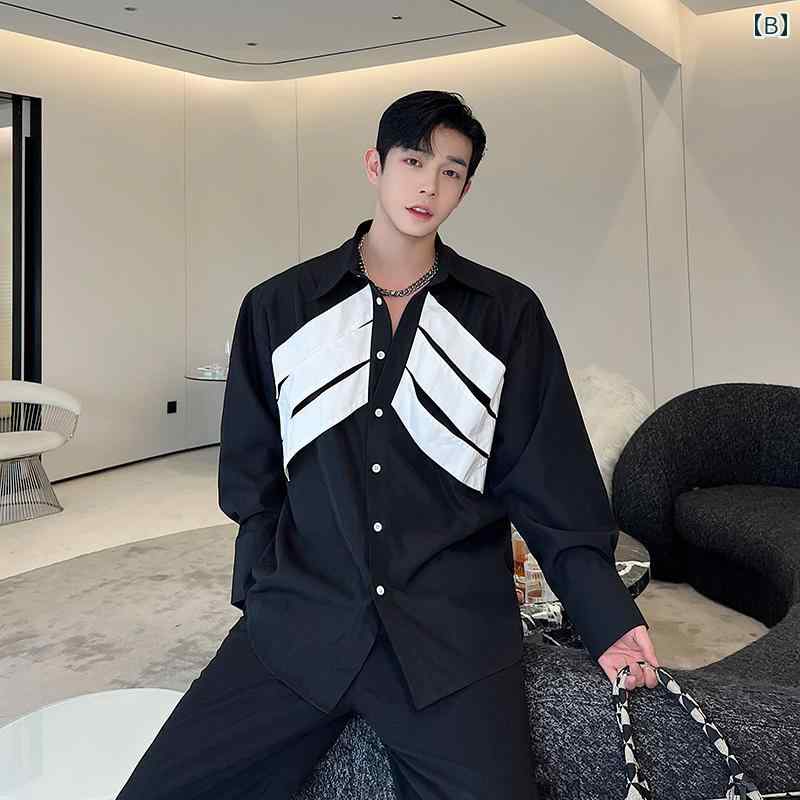 シャツ メンズ 秋 カジュアル 長袖 トップス おしゃれ 新 マルチ ピース ヘリンボーン 黒白 スプライシング 韓国