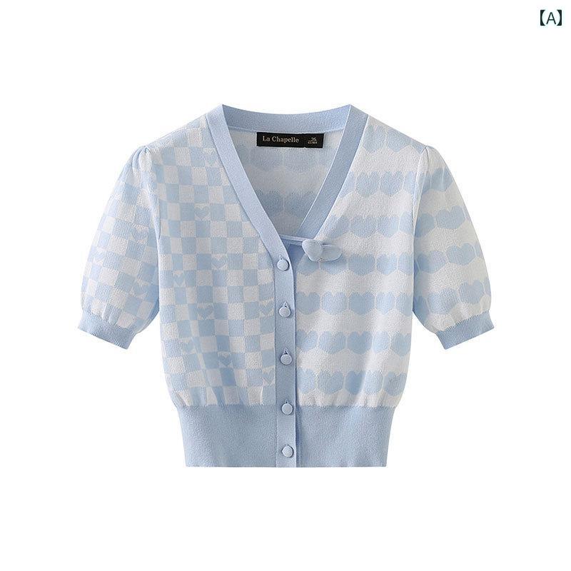 レディース 秋 ハート チェスボード 半袖 ニット カーディガン スリム トップス ファッション シンプル..