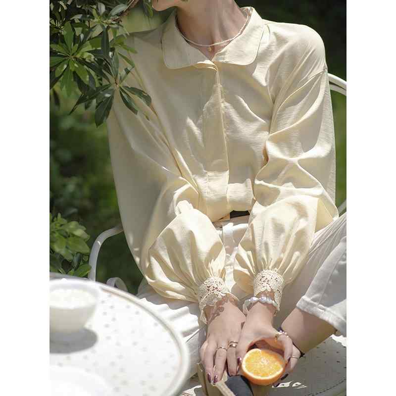 シャツ トップス レディース ファッション ブラウス チーズ イエロー ランタン 袖 レース 袖口 春 レト..