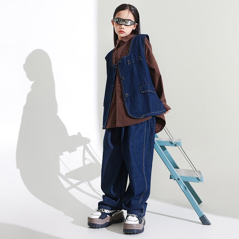 ダンス衣装 セットアップ デニム ジーンズ ベスト 茶シャツ 襟 ヒップホップ ジャズダンス ワイドフィット 秋 キッズ 女の子 ボーイズ ストリート 練習着