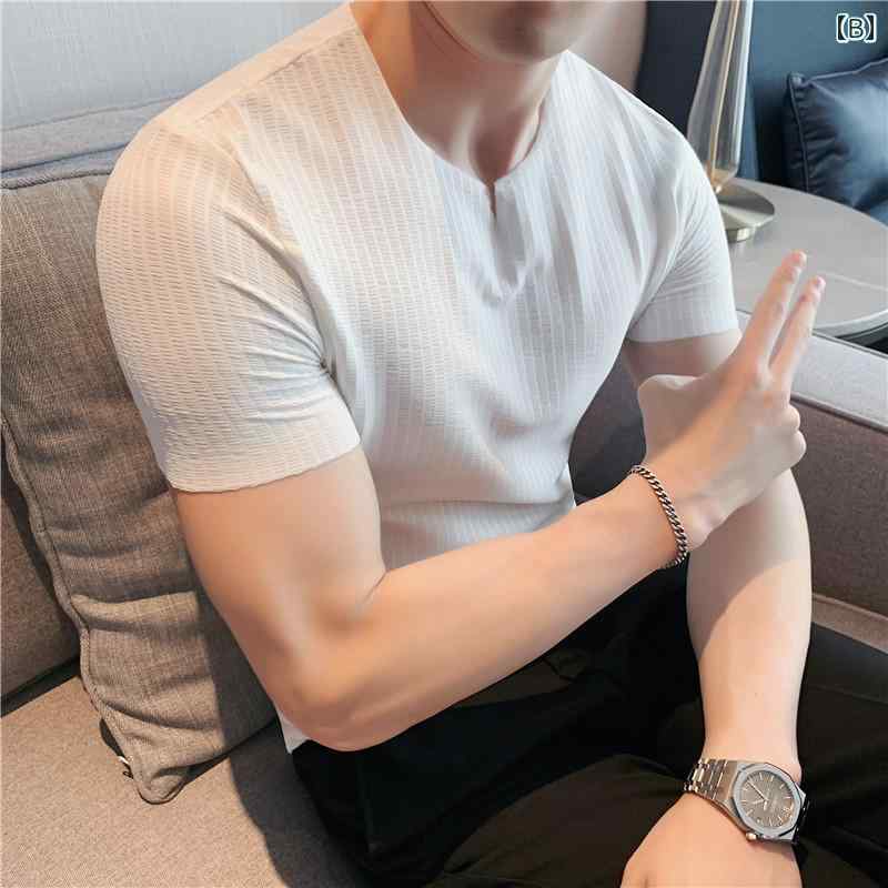 メンズ 夏 薄手 Vネック Tシャツ 半袖 スリム ストライプ 夏 通気性 ひんやり 涼しい 快適 クール 半袖 Tシャツ コットン ウール スリムフィット ファッション スタイリッシュ