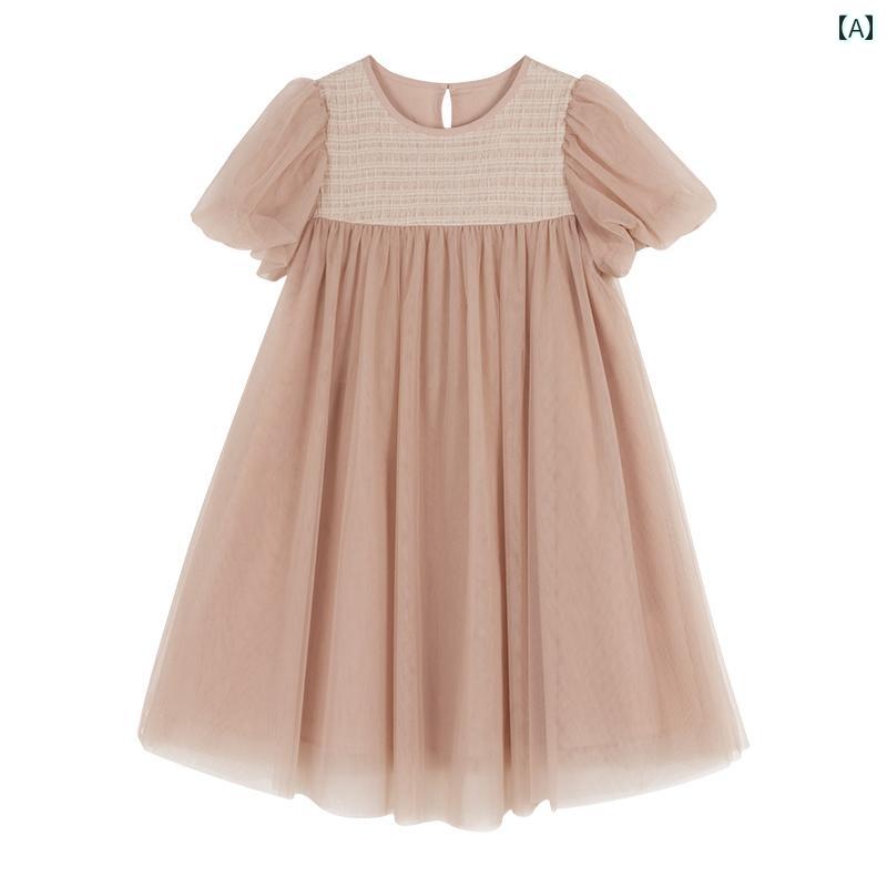 ドレス ワンピース キッズ かわいい ナチュラル 子供服 フレンチ スウィート ピンク パフスリーブ 子供 女の子 プリンセス 十代 女の子 サマー