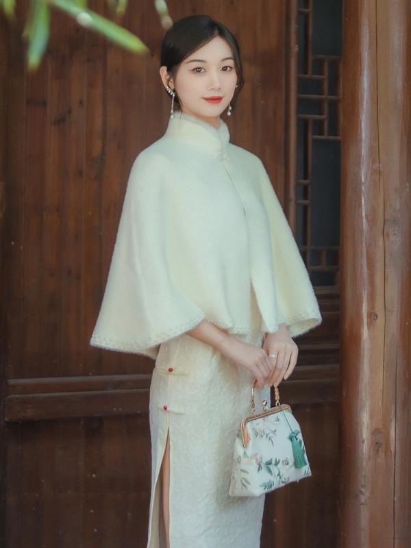 ドレス 秋 冬 チャイナ チャイナ カーディガン ショール ケープ レトロ 民族風 ブルー 小さい 香り マント