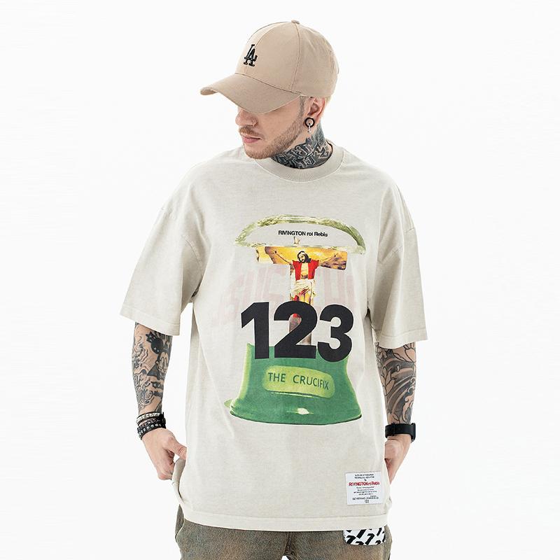 Tシャツ 半袖 夏 ゆったり アメリカン ストリート スケーター メンズ カジュアル シャツ おしゃれ 123 プリント ボーイズ オーバーサイズ アプリコット